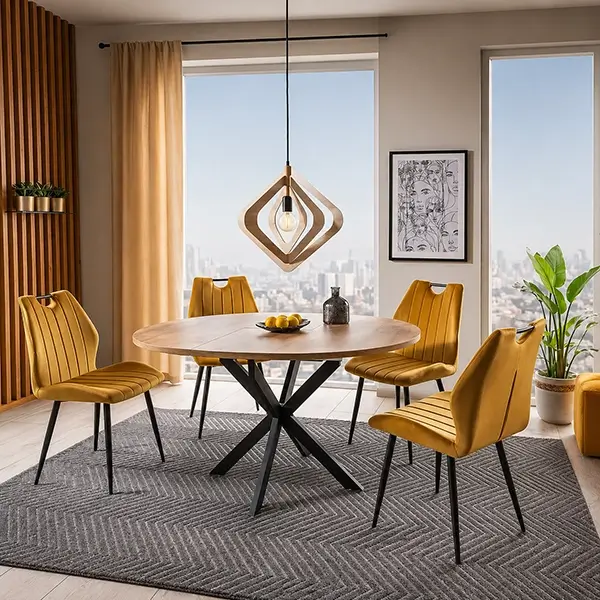 Design étkezőasztal mustár színű székekkel modern lakásban
